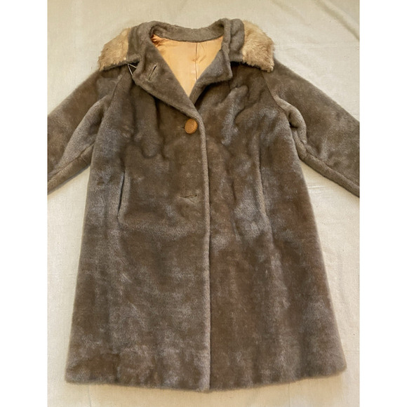 Vtg Tudor City 1960s Coat Womens Medium Tan Mink Collar Malden Otter Faux Fur - Picture 6 of 16